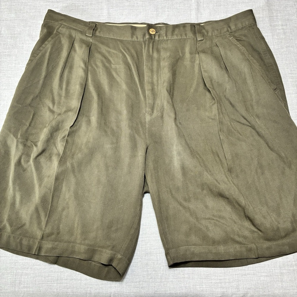 Tommy Bahama Mens 40 Shorts Pleated 100% Silk Bermuda Olive Green Herringbone